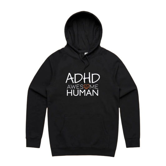 black hoodie with text: ADHD Awesome Human