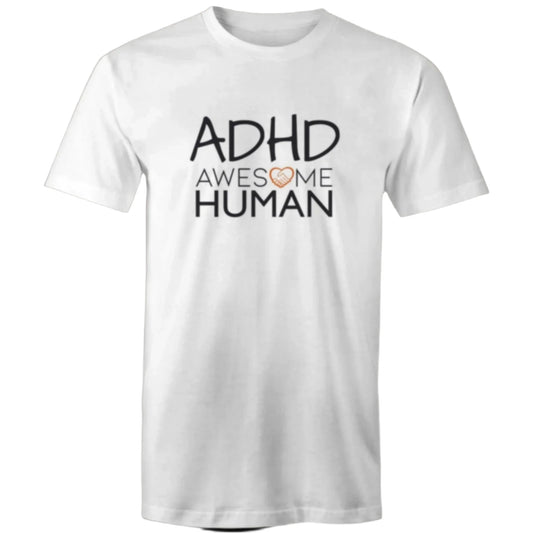 White tshirt with text: ADHD Awesome Human