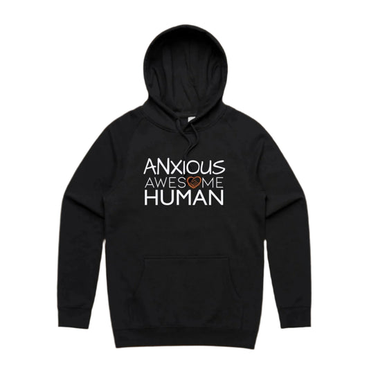 black hoodie with text: ANXIOUS Awesome Human