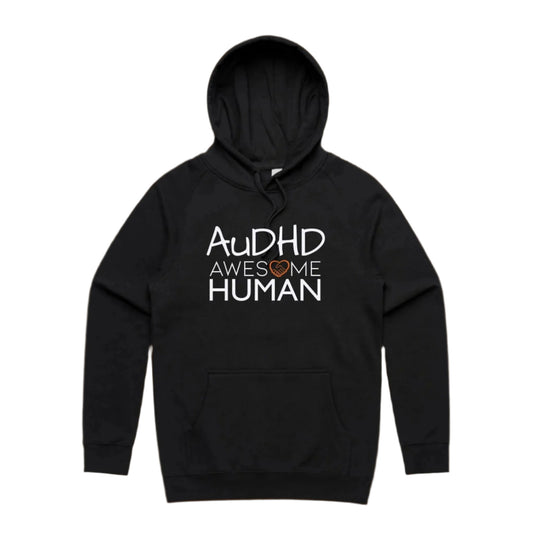 black hoodie with text: AuDHD Awesome Human