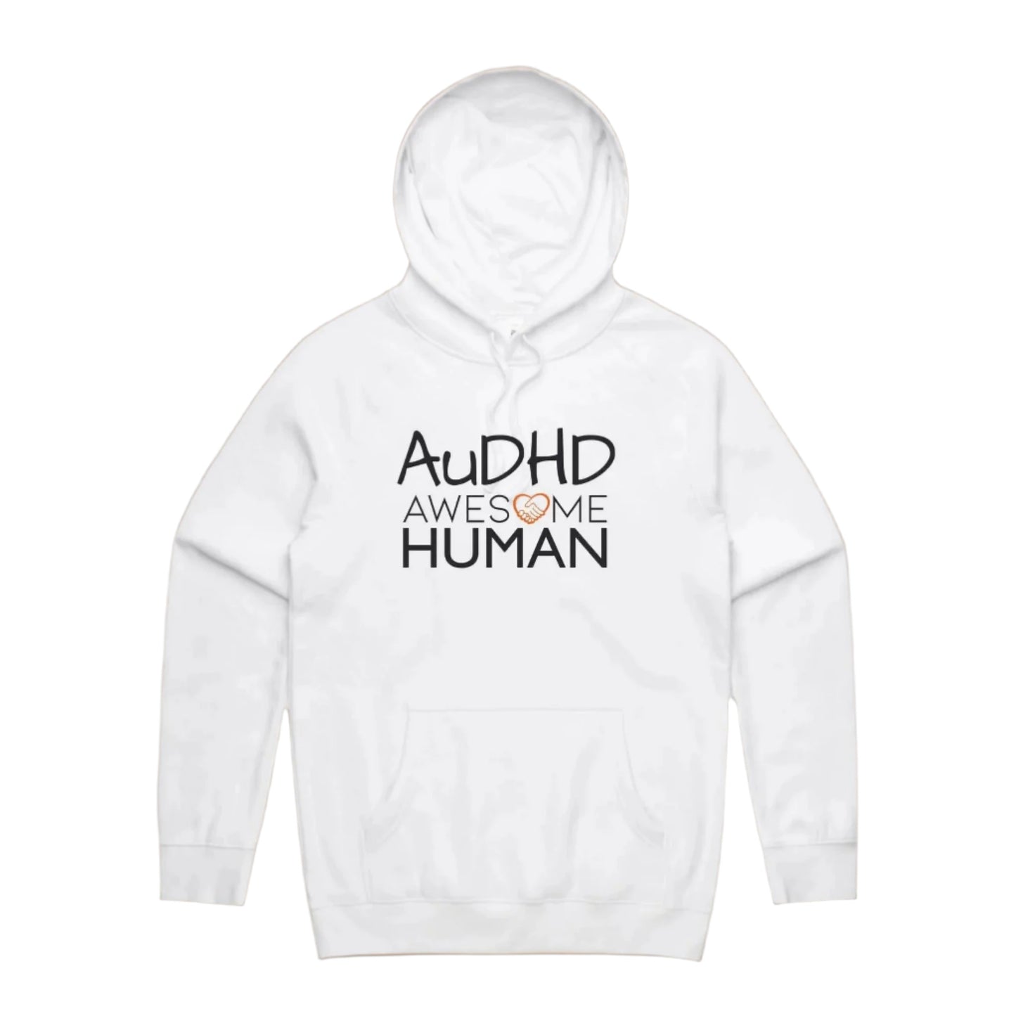 white hoodie with text: AuDHD Awesome Human