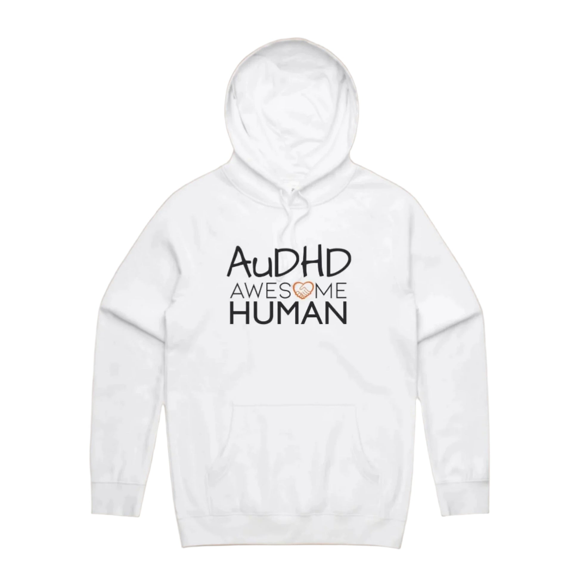 white hoodie with text: AuDHD Awesome Human