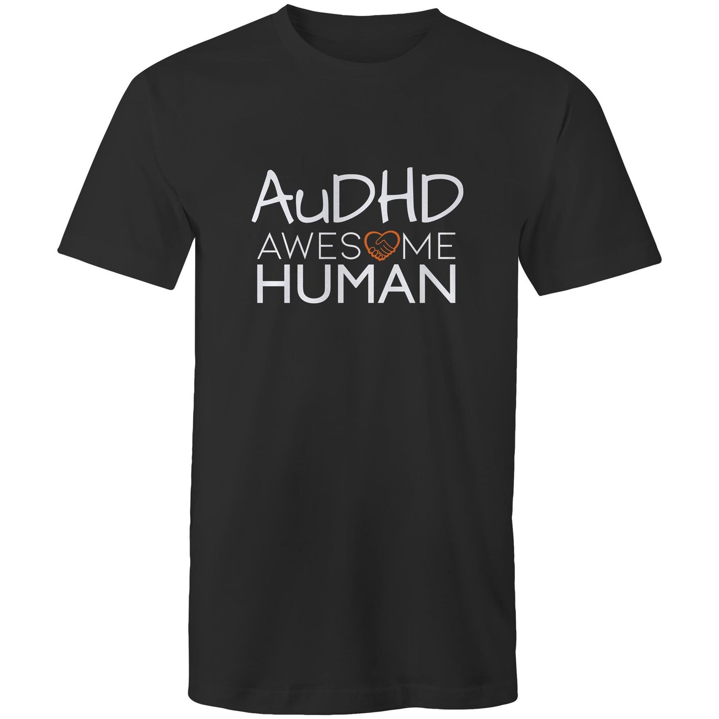 black tshirt with text: Audhd Awesome Human