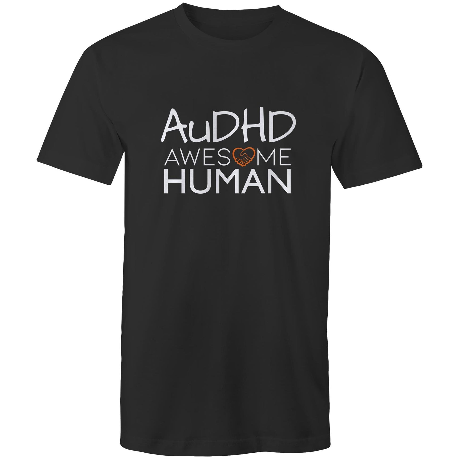 black tshirt with text: Audhd Awesome Human