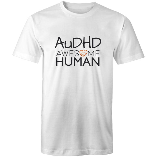 white tshirt with text: AuDHD Awesome Human