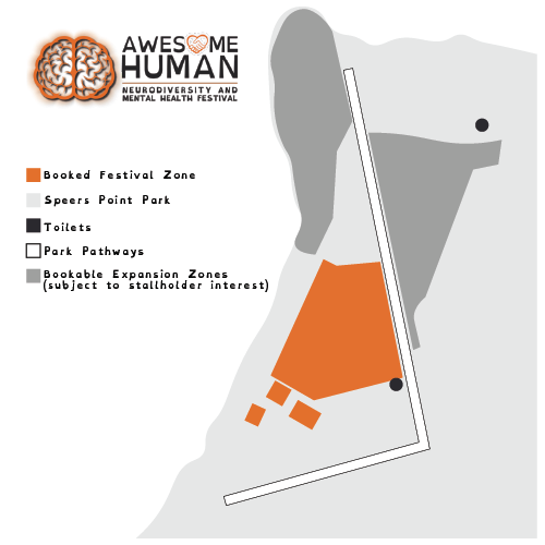 Map of Speers Point Park with icons indicating different zones for the Awesome Human festival.