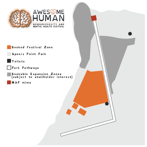 Map of a festival layout with icons and labels for different zones at the Awesome Human event.