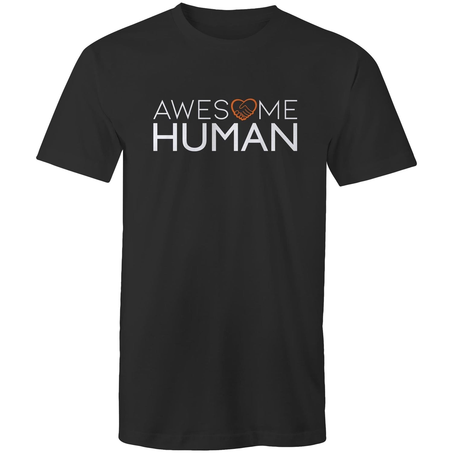 Black t-shirt with 'Awesome Human' text on a white background