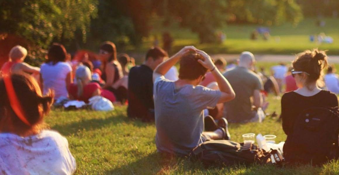 People sitting on grass in a park during sunset